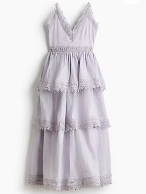 Lace Trim Tiered Long Cotton Dress - Soft Lavender